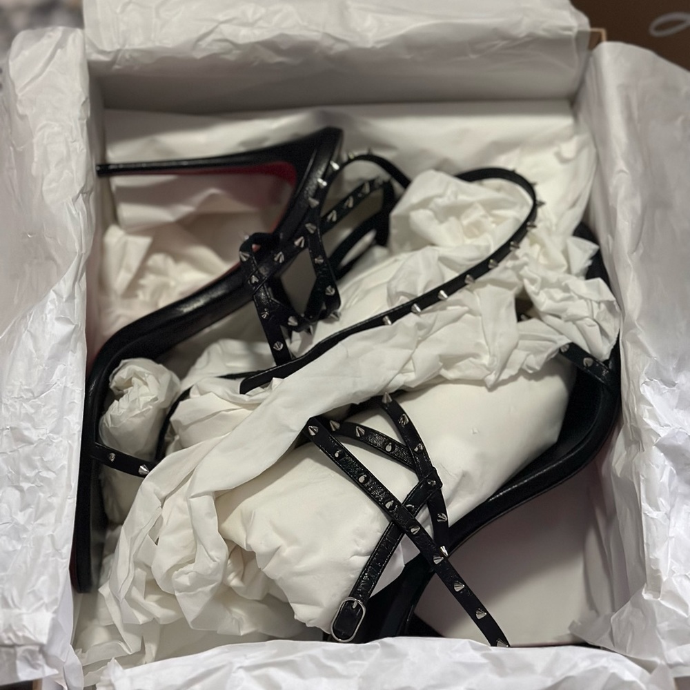Christian Louboutin Black Studded Strappy Stiletto Sandals with Red Soles - Picture 3 of 10